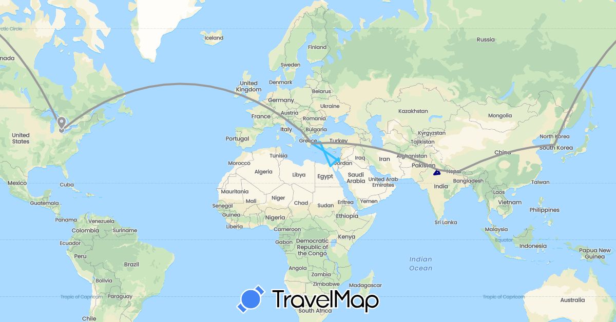TravelMap itinerary: driving, plane, boat in Egypt, Greece, Croatia, Israel, India, South Korea, Montenegro, Nepal, Turkey, United States (Africa, Asia, Europe, North America)